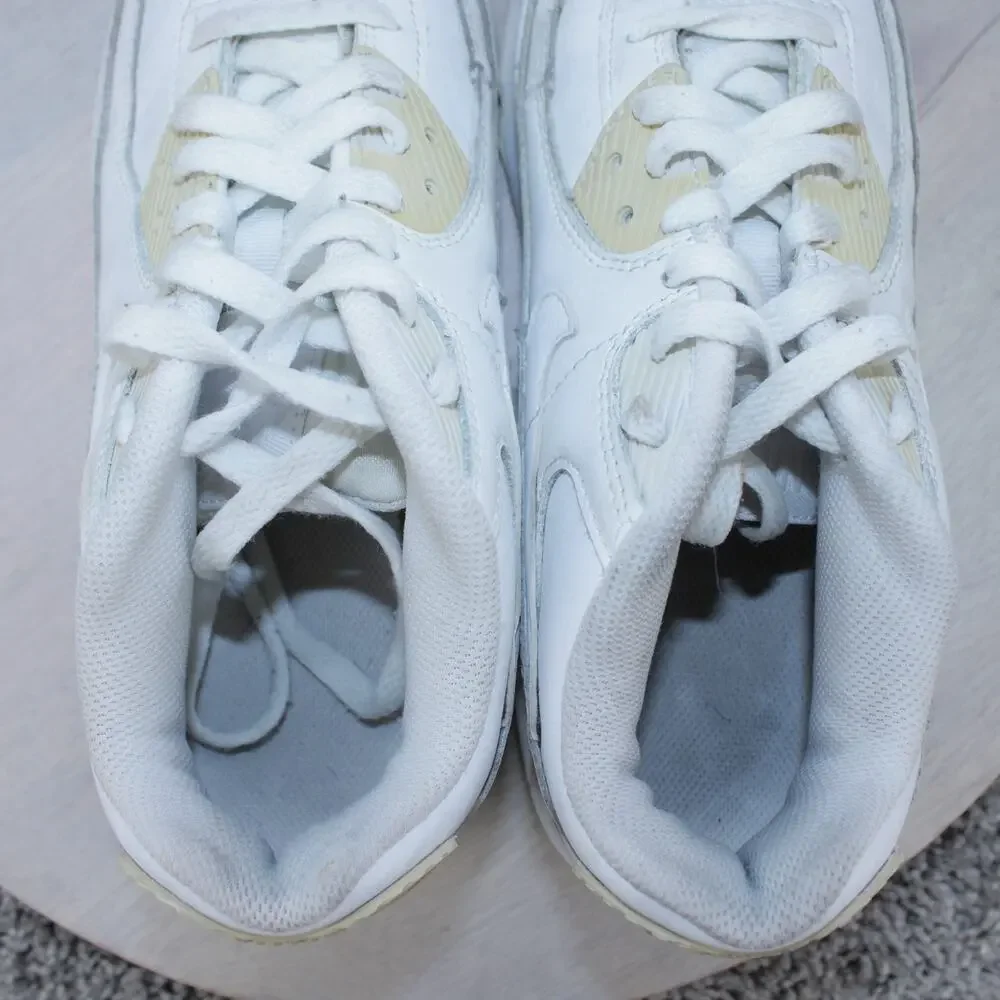 Nike Air Max 90 Triple White Leather Sneakers Youth 7 / Womens 8.5